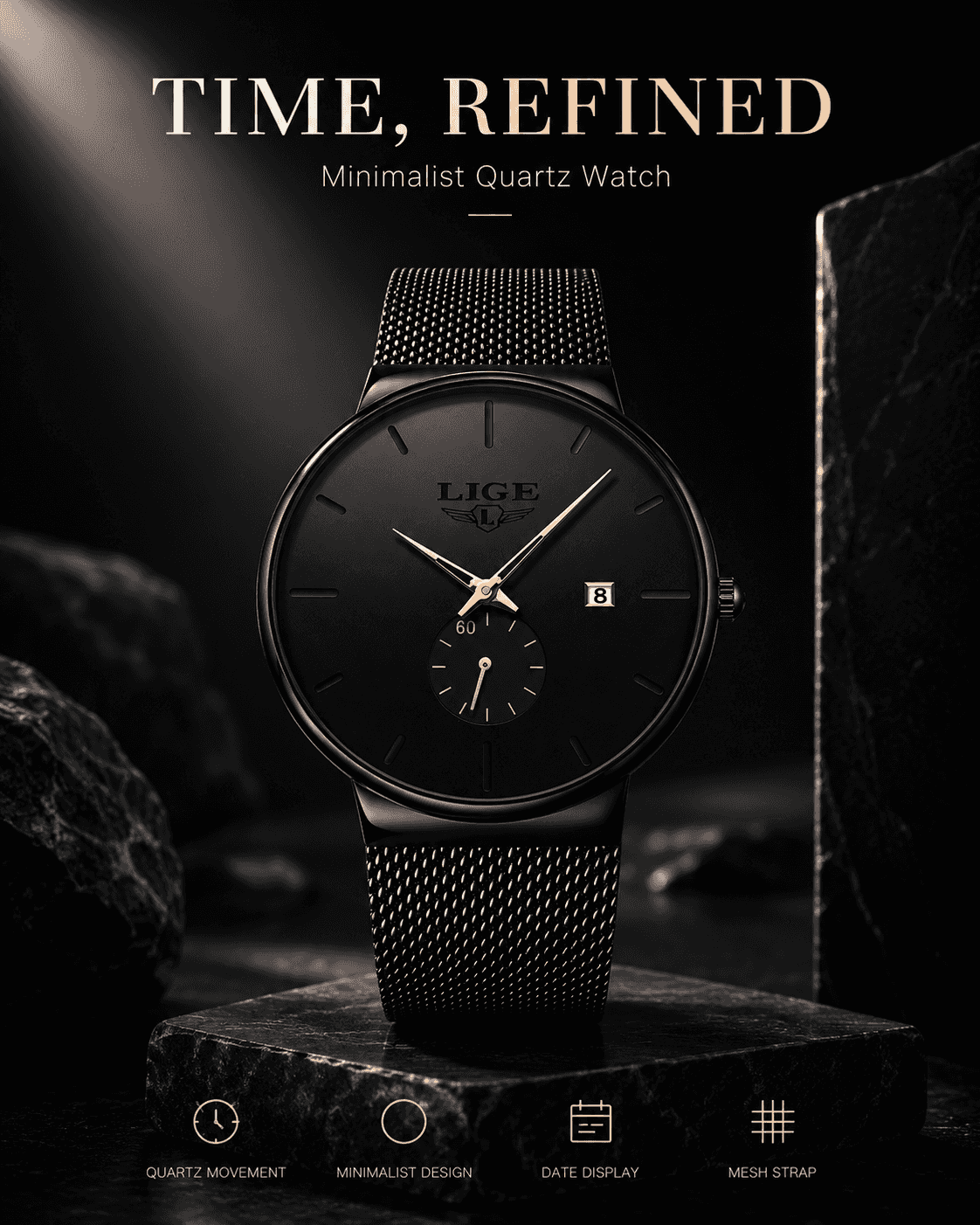 LIGE Sleek Minimalist Men's Watch – 40mm Ultra‑Thin Design, 30M Water Resistant