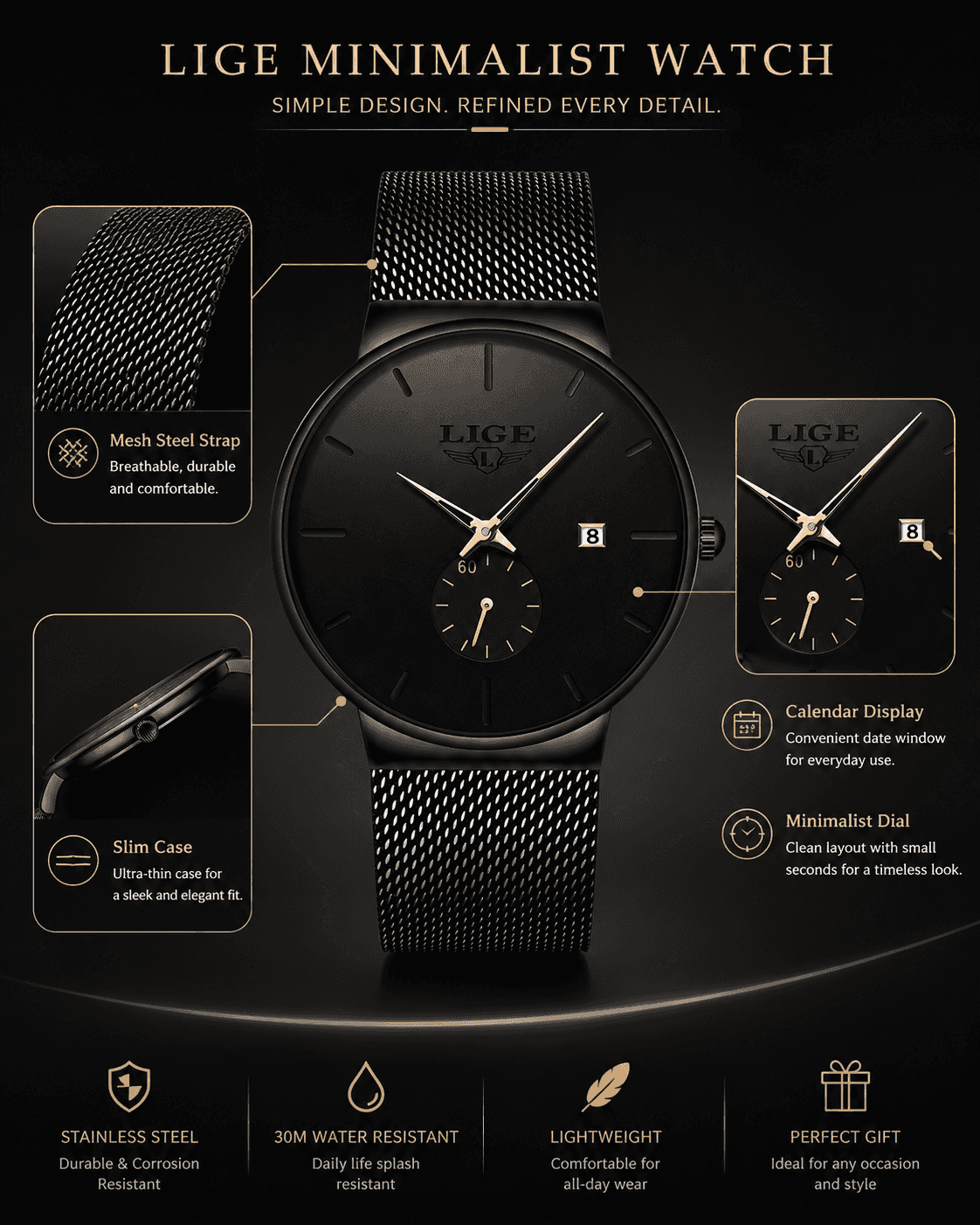 LIGE Sleek Minimalist Men's Watch – 40mm Ultra‑Thin Design, 30M Water Resistant