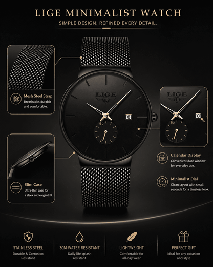 LIGE Sleek Minimalist Men's Watch – 40mm Ultra‑Thin Design, 30M Water Resistant