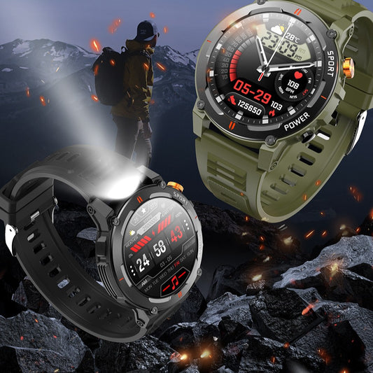 Tactical Outdoor Smart Watch – Compass, LED Flashlight & SOS | 24/7 Health Track, 100+ Sports Modes, Massive Watch Faces (IP67 Waterproof)