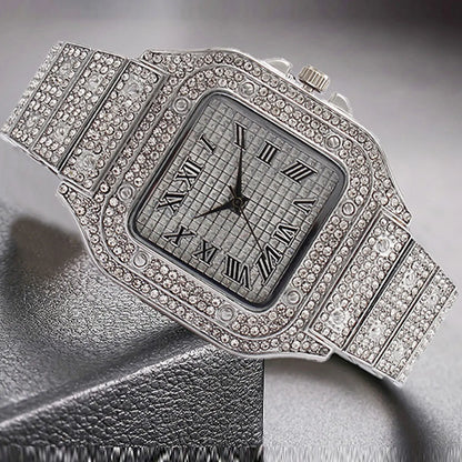 Men's Casual Fashion Quartz Watch, Elegant Square Dial Rhinestone Decorated Alloy Case Wristwatch, Classic Simple Fashion Street Style For All Seasons, Black Friday Deal Watch Suitable For Casual Business Wear, Birthday Christmas Gift