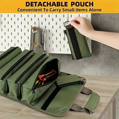 Tool Roll with Detachable Pouches Heavy Duty Roll Up Tool Bag for Carpenter Mechanic Electrician & Hobbyist Waterproof Adjustable Organizer Roll-Up DIY Enthusiastdetachable pouch