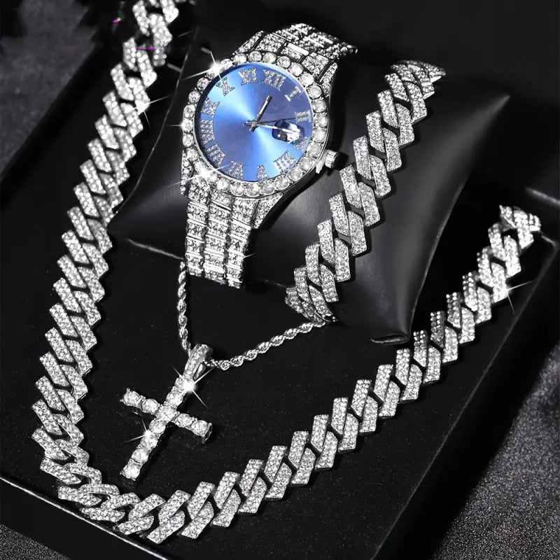Luxury Punk Watch Set with Necklace Bracelet Cross Pendant, Analog Quartz Movement, Adjustable Strap, Unisex Gift Box for All Seasons, Fashionable Jewelry Set