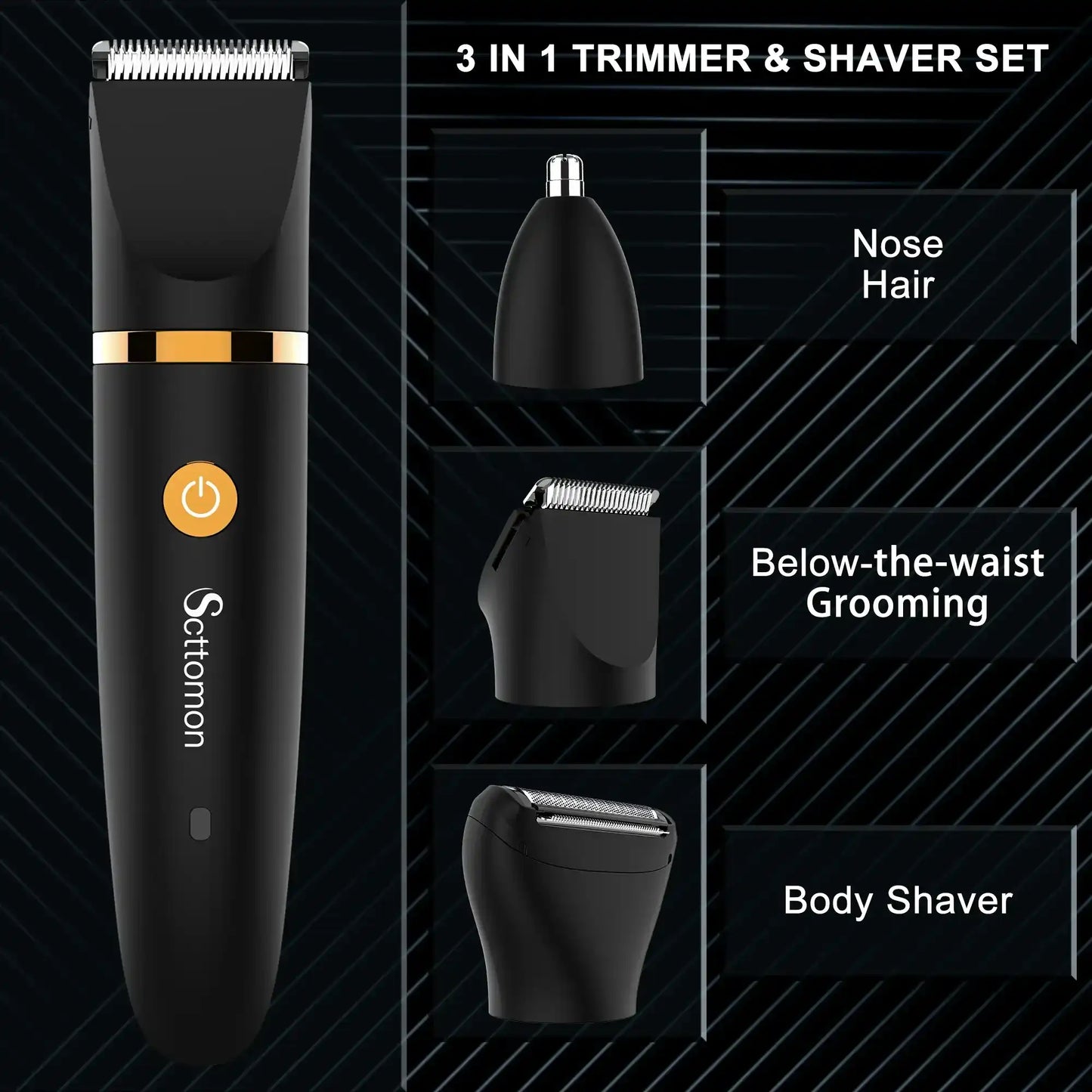 Scttomon 3 in 1 Electric Body Hair Trimmer,Groin Hair Trimmer for Men,Waterproof Electric Shaver Nose Hair Trimmer,Men's Hair Removal Device Cordless,Manscape Trimmer with Standing Recharge Dock