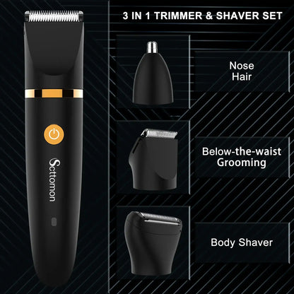 Scttomon 3 in 1 Electric Body Hair Trimmer,Groin Hair Trimmer for Men,Waterproof Electric Shaver Nose Hair Trimmer,Men's Hair Removal Device Cordless,Manscape Trimmer with Standing Recharge Dock