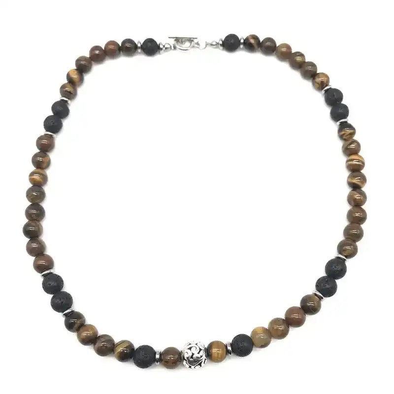 Men's 8mm Natural Tiger Eye Lava Bead Necklace Stainless Steel Toggle 18/20/24" fathersdaygifts Black Onyx
