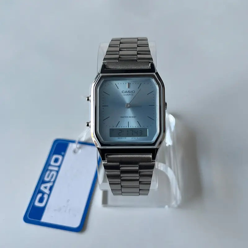 Unisex Vintage Analog-Digital Watch AQ230A Classic Design Water-Resistant 30M Ice Blue Turquoise Blue Stainless Steel Bracelet