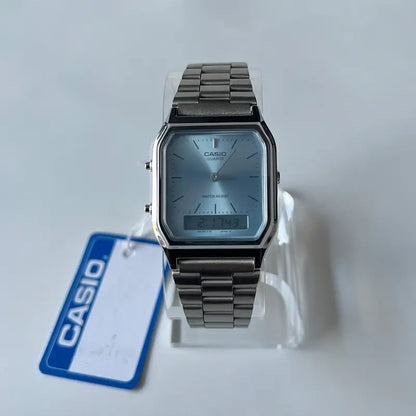 Unisex Vintage Analog-Digital Watch AQ230A Classic Design Water-Resistant 30M Ice Blue Turquoise Blue Stainless Steel Bracelet