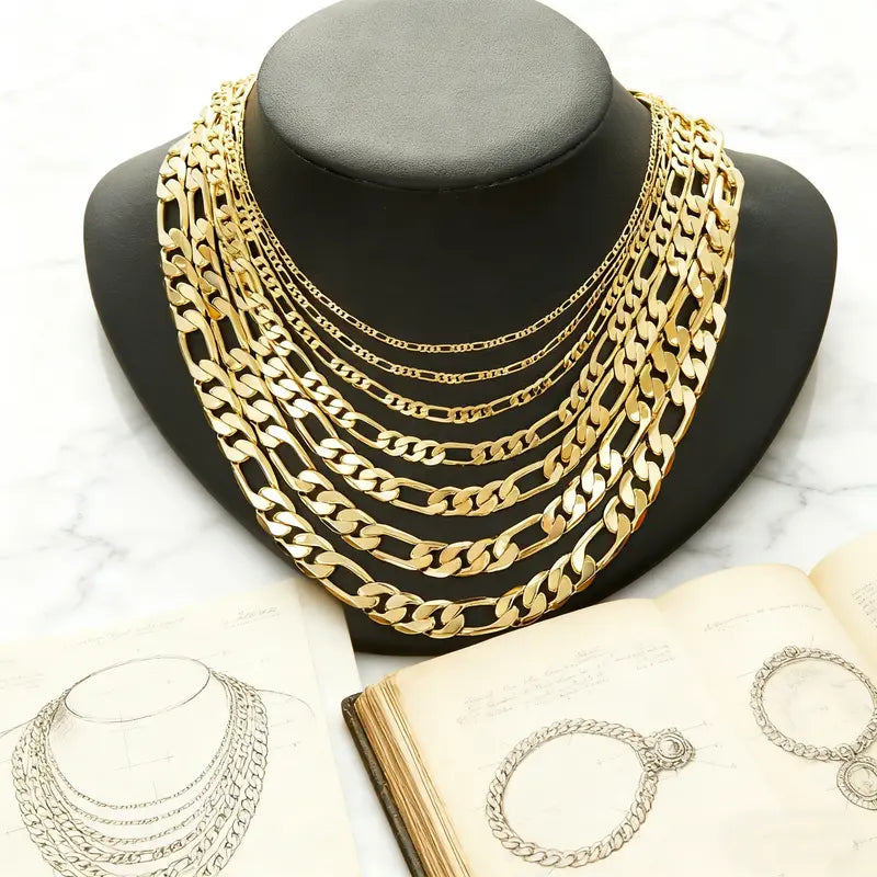 10mm Gold-Plated Figaro Chain Necklace for Men – 2mm/10mm Wide, 24" Italian-Style Cuban Link, Tarnish-Free Nanotech Coating, Hip Hop Streetwear, Minimalist Layering Jewelry, Gift for Him