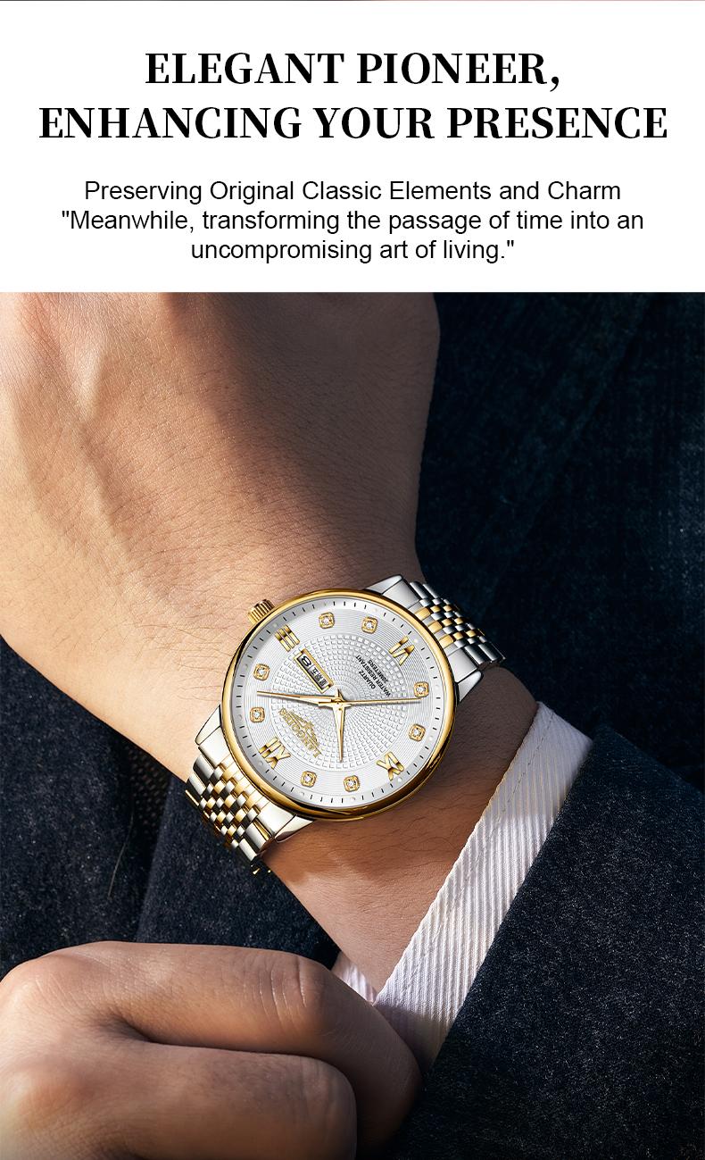 Elegant Multi-Function Men's Watch with Original Swiss Movement, featuring Dual Calendar, 42mm Dial, Sapphire Crystal, Stainless Steel Band, and Luminous Water-Resistant Design.