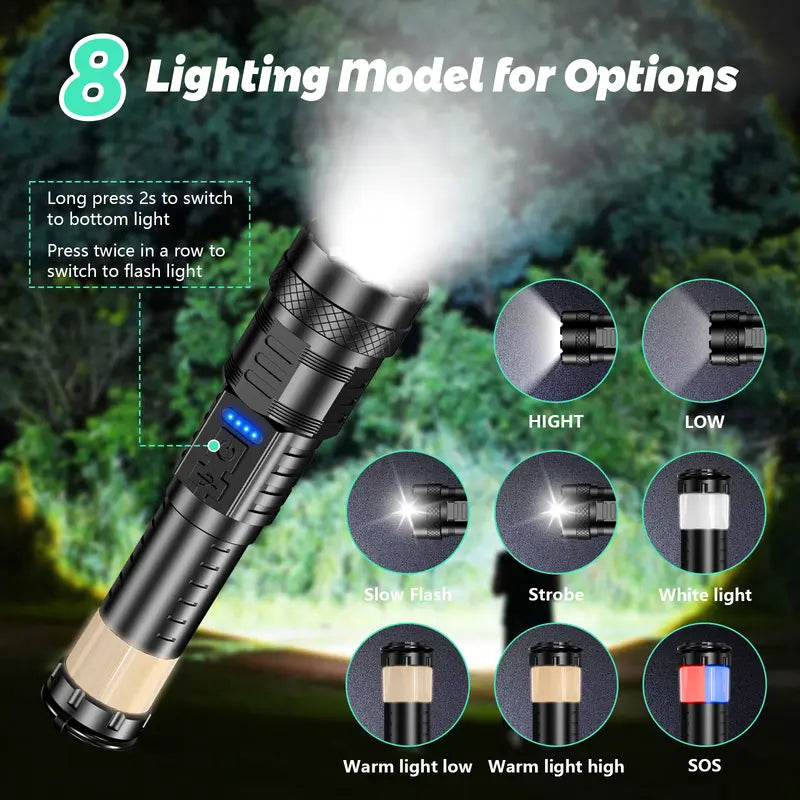 2025 Strong Flashlight, Rechargeable, Waterproof, Emergency Lighting, Red&Blue Alarm Lights, Camping Gadgets , for Fishing Garden Night Security Road Garage