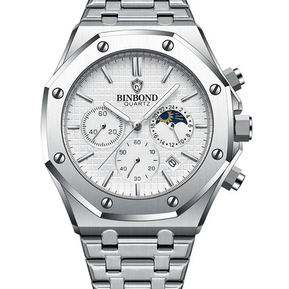 BINBOND Top Brand BO161 Men's Casual Watch Luminous Stainless Steel, Waterproof Men's Date Calendar Clock, Casual Business Round Dial Quartz Watch for Men, Fashion Stainless Steel Watches for Parties and Daily Wear, Versatile with Box .only White