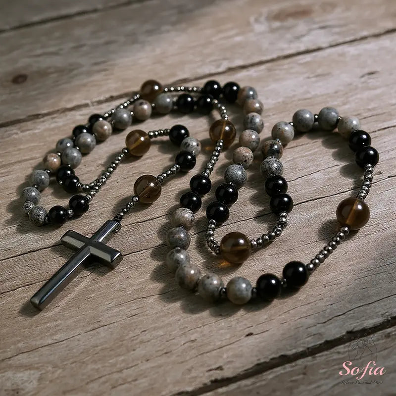Natural Obsidian  Rosary Necklace UV Reactive Protection Necklace Hematite Stone Cross Pendant Necklace Gift for her, gift for him