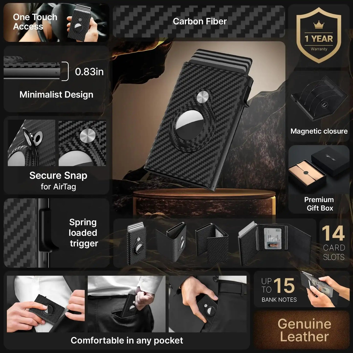 Mens Smart Wallet Card Holder for  Leather, RFID Blocking, Slim, Carbon Fiber, Minimalist - 6-9 Card Capacity | ID Window | Cash Slot