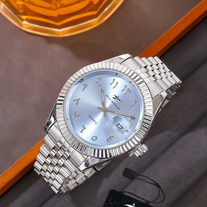 men's Quartz Analog Watch, Arabic numeral watch, Round dial watch, Stainless steel wristwatch, durable stainless steel strap, date function, suitable for any occasion, comes with a case