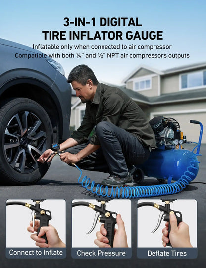 Digital Tire Pressure Gauge with Inflator 250 PSI Air Chuck & Compressor Accessories Accuracy Measurement Durable Brass Components Automotive Vehicle Tool