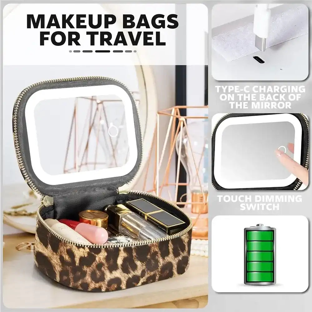Portable Makeup Bag with LED Light & Mirror, Removable Battery-Powered Travel Cosmetic Case, Makeup Organizer Pouch & Box for Women, Makeup Storage Box