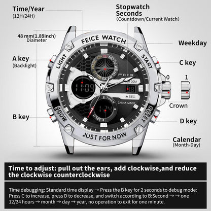 Men's luxury business fashion watch, with a luminous elegant dial, waterproof sports watch - Black and silver gift set Chronograph Leather Style Fashionable Wristwatch