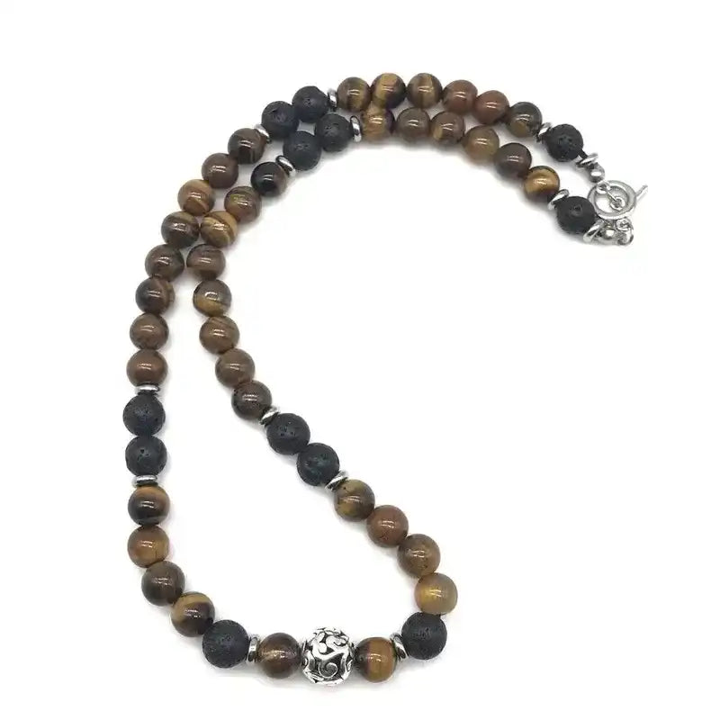 Men's 8mm Natural Tiger Eye Lava Bead Necklace Stainless Steel Toggle 18/20/24" fathersdaygifts Black Onyx
