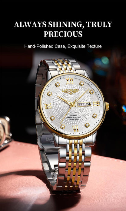 Elegant Multi-Function Men's Watch with Original Swiss Movement, featuring Dual Calendar, 42mm Dial, Sapphire Crystal, Stainless Steel Band, and Luminous Water-Resistant Design.