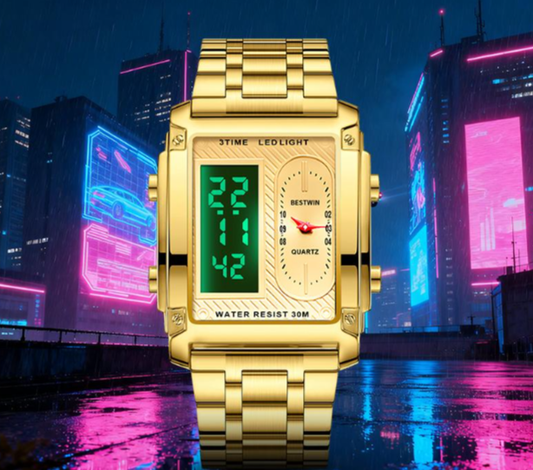 Men's square creative dual-movement multifunctional sports watch, featuring a luxurious triple-time design, water resistance, luminous dial, Exuding a minimalist aesthetic, it is elegant, durable, and the perfect choice for everyday wear. digital quart