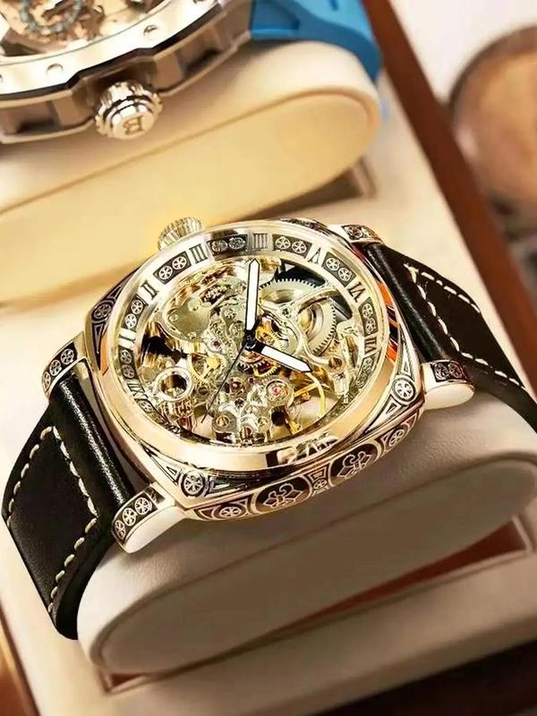 Business Fashion Round Dial Leather Strap Analog Mechanical Watch, Vintage All-match Buckle Automatic Wristwatch for Gift, Luminous Spring Pointer Design Watch with Box