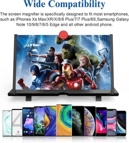 12" Screen Magnifier,3D HD Mobile Phone Magnifier Projector Screen Enlarger for Movies, Videos, and Gaming,Foldable Cell Phone Stand with Screen Amplifier,Supports All Smartphones (Black, 12inch)