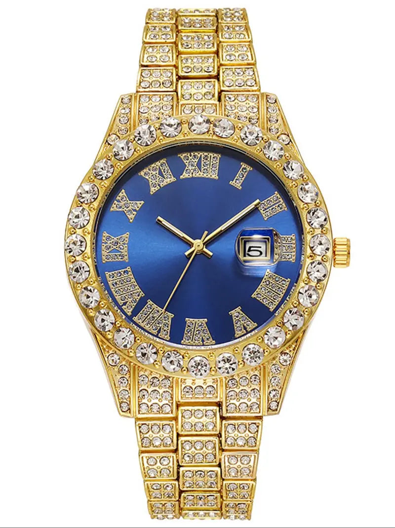 Men's Luxury Rhinestone Decorated Quartz Watch & Jewelry, Including Round Dial Watch, Bracelet, Necklace, and Cross Necklace, Fashion Watch Set for Parties and Daily Decor