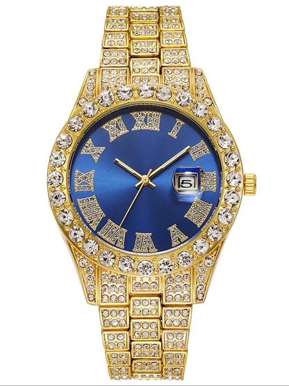 Men's Luxury Rhinestone Decorated Quartz Watch & Jewelry, Including Round Dial Watch, Bracelet, Necklace, and Cross Necklace, Fashion Watch Set for Parties and Daily Decor
