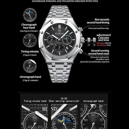 BINBOND Top Brand BO161 Men's Casual Watch Luminous Stainless Steel, Waterproof Men's Date Calendar Clock, Casual Business Round Dial Quartz Watch for Men, Fashion Stainless Steel Watches for Parties and Daily Wear, Versatile with Box .only White