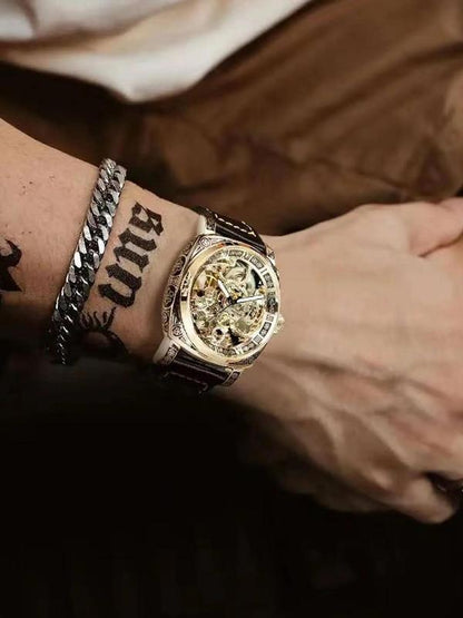 Business Fashion Round Dial Leather Strap Analog Mechanical Watch, Vintage All-match Buckle Automatic Wristwatch for Gift, Luminous Spring Pointer Design Watch with Box