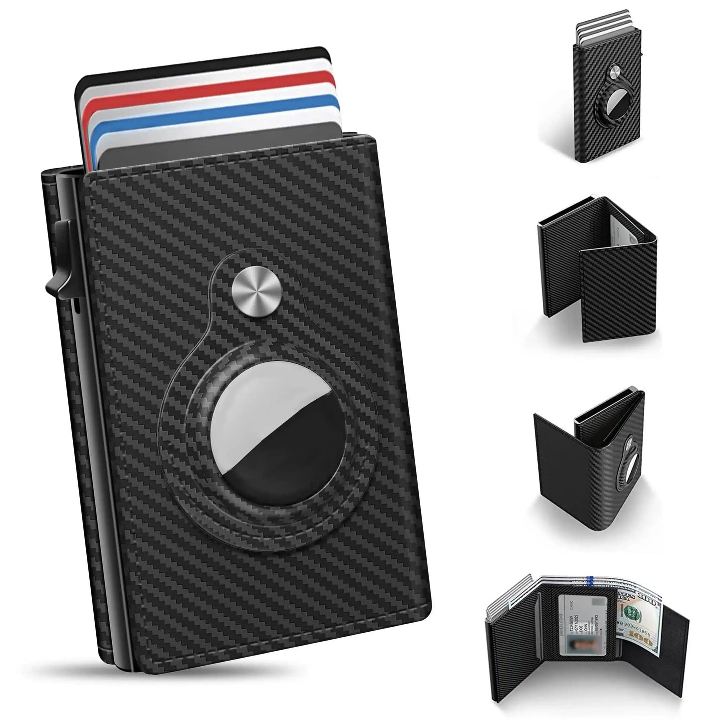 Mens Smart Wallet Card Holder for  Leather, RFID Blocking, Slim, Carbon Fiber, Minimalist - 6-9 Card Capacity | ID Window | Cash Slot