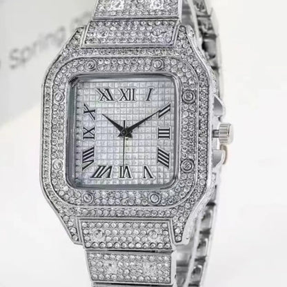 Men's Casual Fashion Quartz Watch, Elegant Square Dial Rhinestone Decorated Alloy Case Wristwatch, Classic Simple Fashion Street Style For All Seasons, Black Friday Deal Watch Suitable For Casual Business Wear, Birthday Christmas Gift