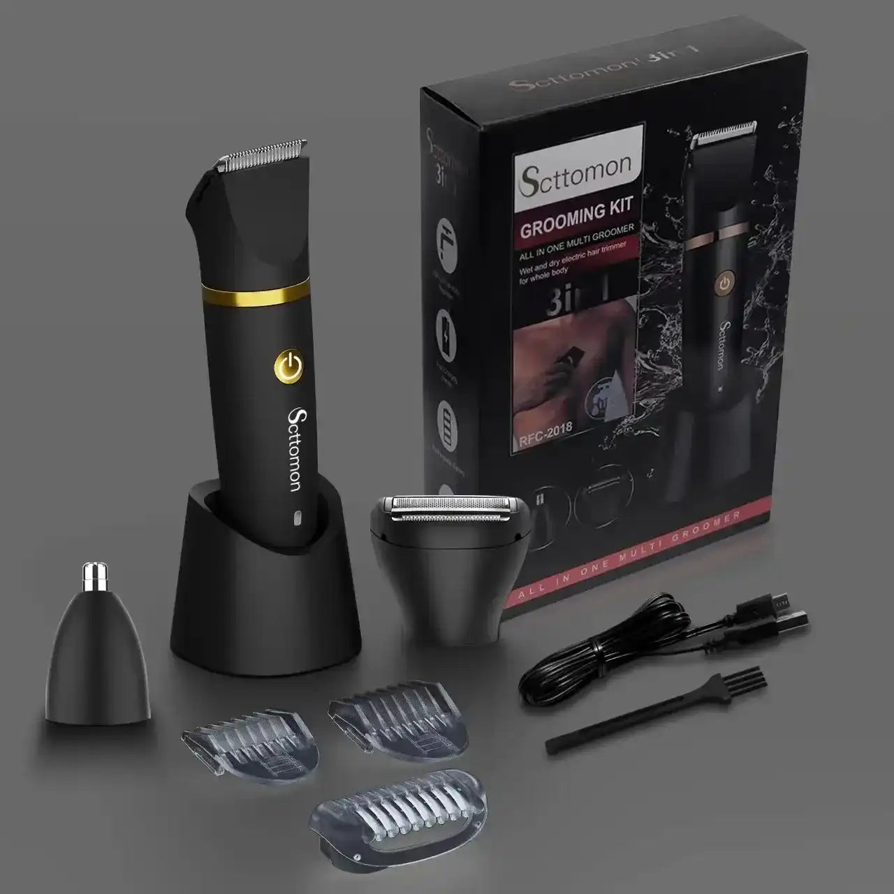 Scttomon 3 in 1 Electric Body Hair Trimmer,Groin Hair Trimmer for Men,Waterproof Electric Shaver Nose Hair Trimmer,Men's Hair Removal Device Cordless,Manscape Trimmer with Standing Recharge Dock