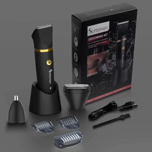 Scttomon 3 in 1 Electric Body Hair Trimmer,Groin Hair Trimmer for Men,Waterproof Electric Shaver Nose Hair Trimmer,Men's Hair Removal Device Cordless,Manscape Trimmer with Standing Recharge Dock