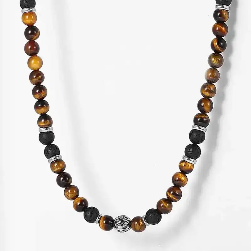 Men's 8mm Natural Tiger Eye Lava Bead Necklace Stainless Steel Toggle 18/20/24" fathersdaygifts Black Onyx