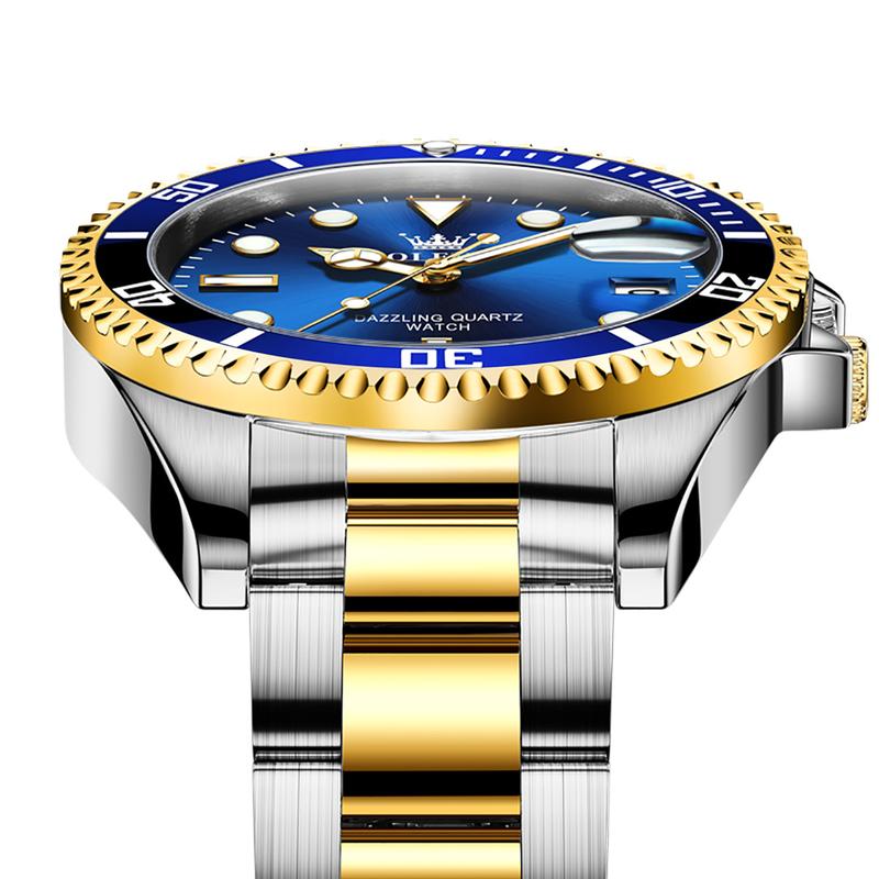 Men's Luxury Dress Watch Blue Dial 40mm Stainless Steel Band Rotating Quartz Analog Waterproof Luminous Big Face Boss Wrist Watch