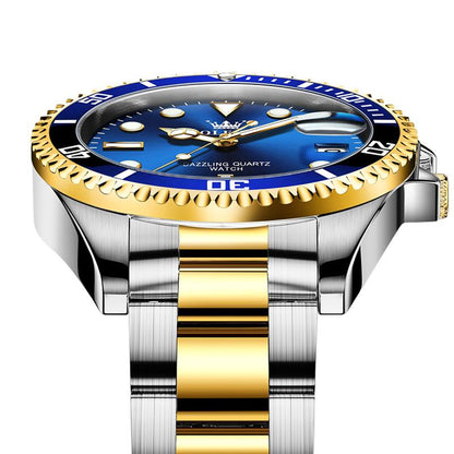 Men's Luxury Dress Watch Blue Dial 40mm Stainless Steel Band Rotating Quartz Analog Waterproof Luminous Big Face Boss Wrist Watch