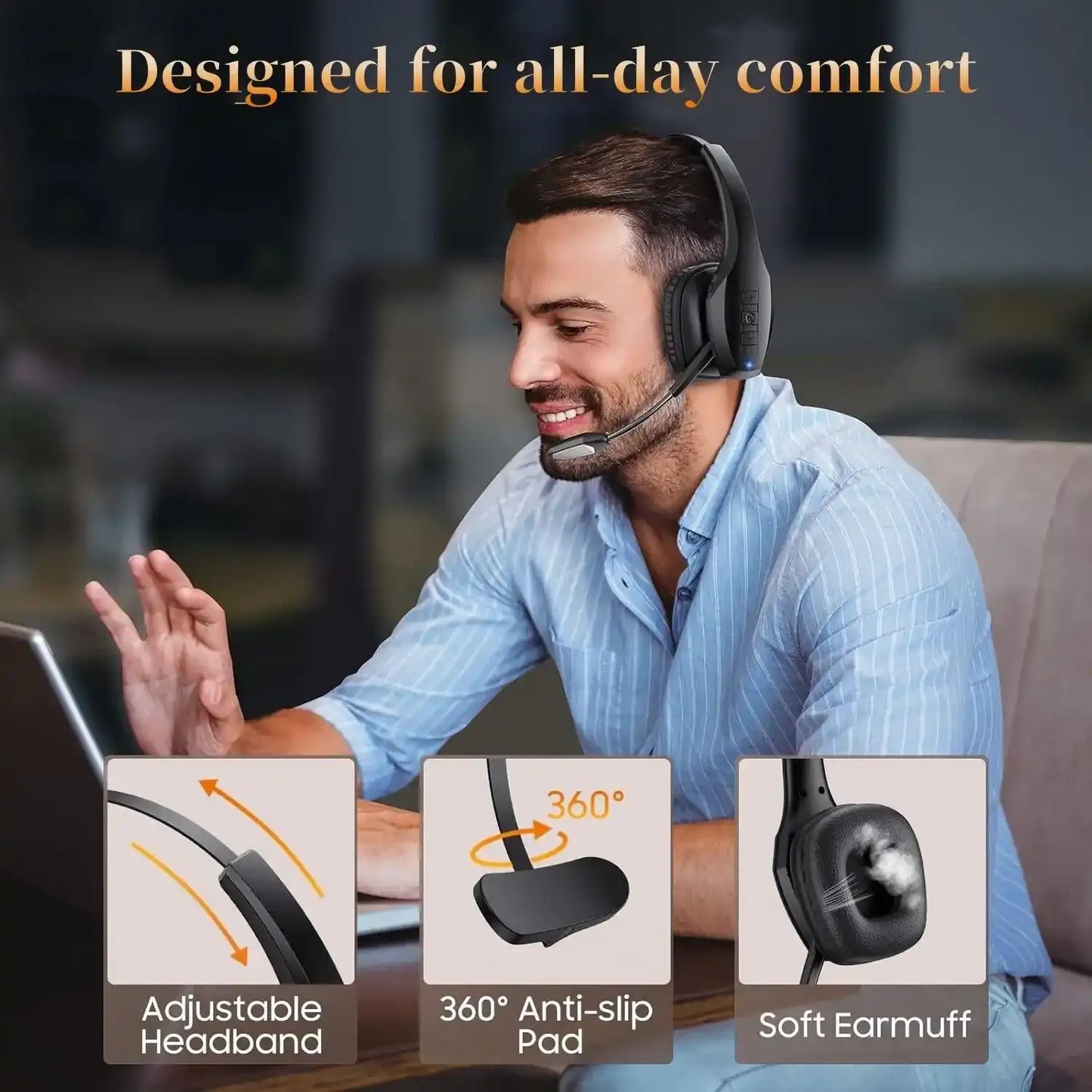 Bytewaveshop Trucker Bluetooth Headset, Wireless with Mic,Bluetooth Headset with ENC Dual Noise Cancelling Microphone & Mute Button, 55Hrs Working Time PC Headset for Cell Phones, Computer, Truck Driver Audio Headphone