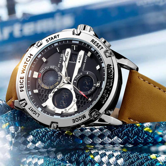 Men's luxury business fashion watch, with a luminous elegant dial, waterproof sports watch - Black and silver gift set Chronograph Leather Style Fashionable Wristwatch