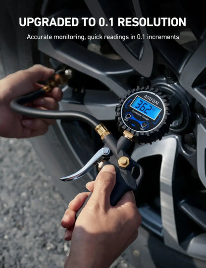 Digital Tire Pressure Gauge with Inflator 250 PSI Air Chuck & Compressor Accessories Accuracy Measurement Durable Brass Components Automotive Vehicle Tool