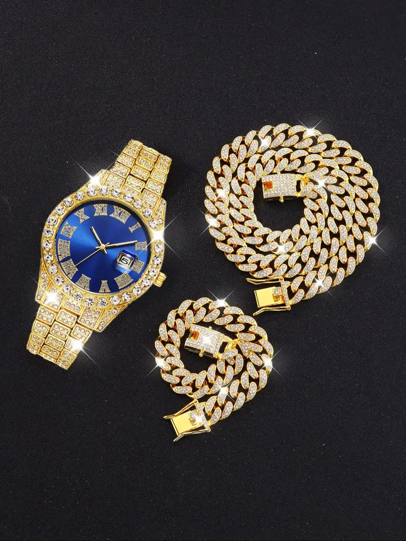 Men's Luxury Rhinestone Decorated Quartz Watch & Jewelry, Including Round Dial Watch, Bracelet, Necklace, and Cross Necklace, Fashion Watch Set for Parties and Daily Decor